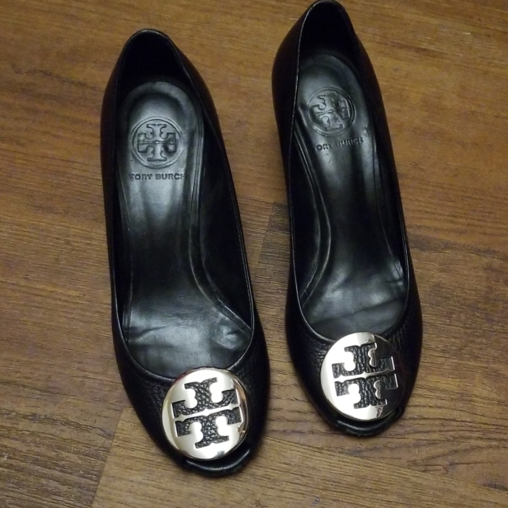 Tory Burch Black Leather Wedge Flats with Gold Logo Medallion